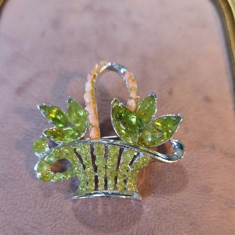 Vintage Dodds Silver and Green Flower Basket Brooch